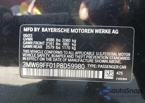 2023 BMW 330I from USA, damaged, VIN 3MW69FF01P8D59980